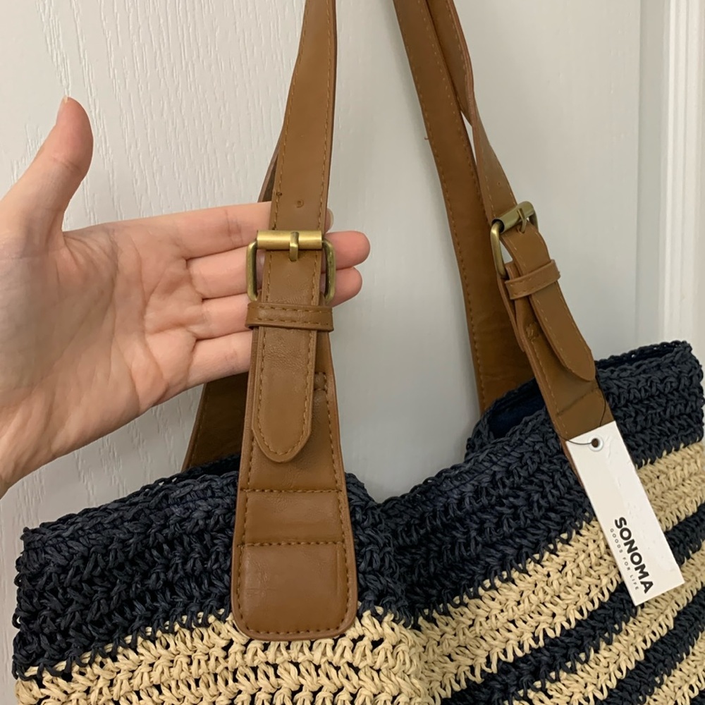 Navy Blue and Cream Striped Woven Straw Tote Bag - Picture 5 of 17